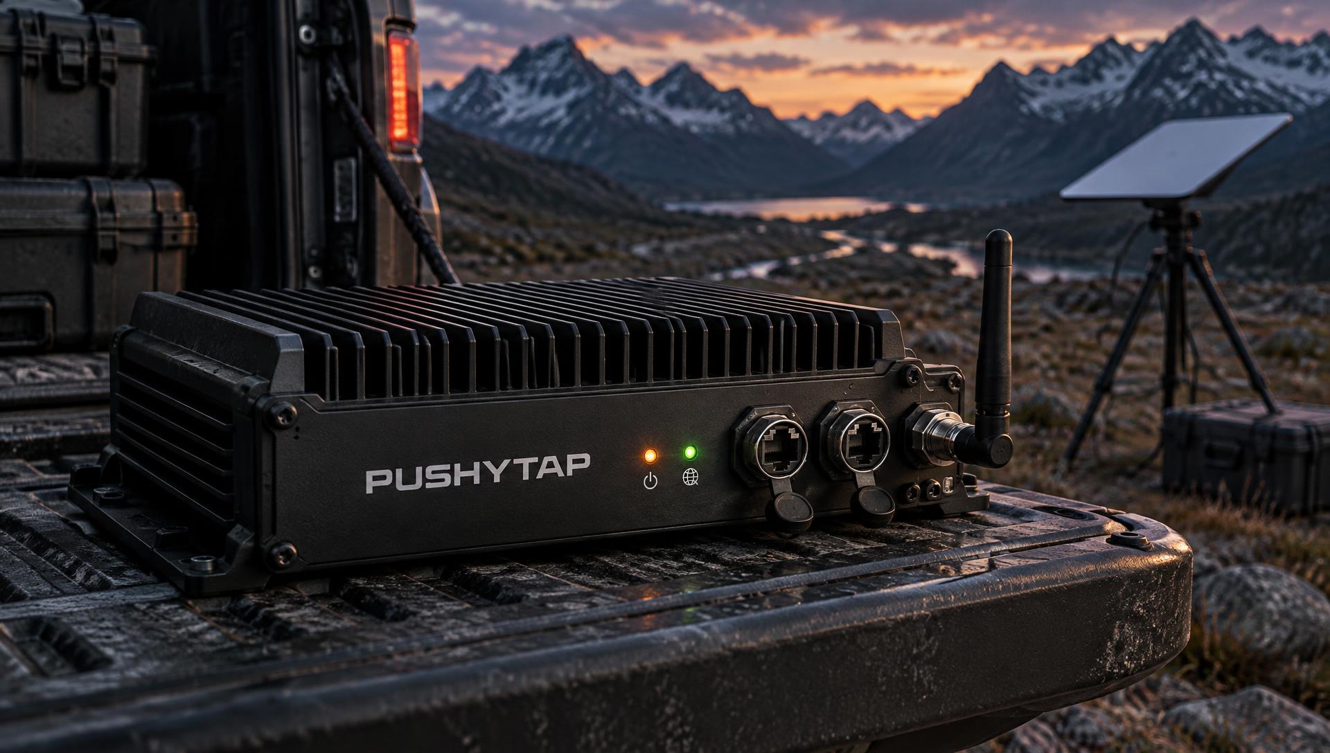 Pushytap Field Node edge gateway on a field vehicle tailgate with a satellite terminal in a remote alpine valley