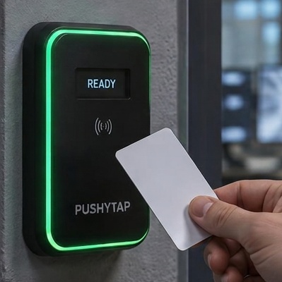 Wall-installed Pushytap RFID-BLE Gateway with green perimeter LED and badge reader
