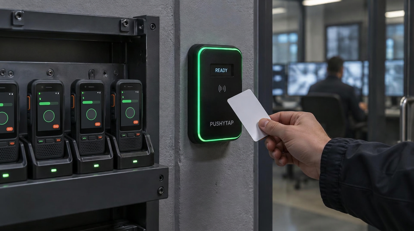Worker tapping an access card on a Pushytap RFID-BLE reader beside docked Android PTToC touchscreen radios