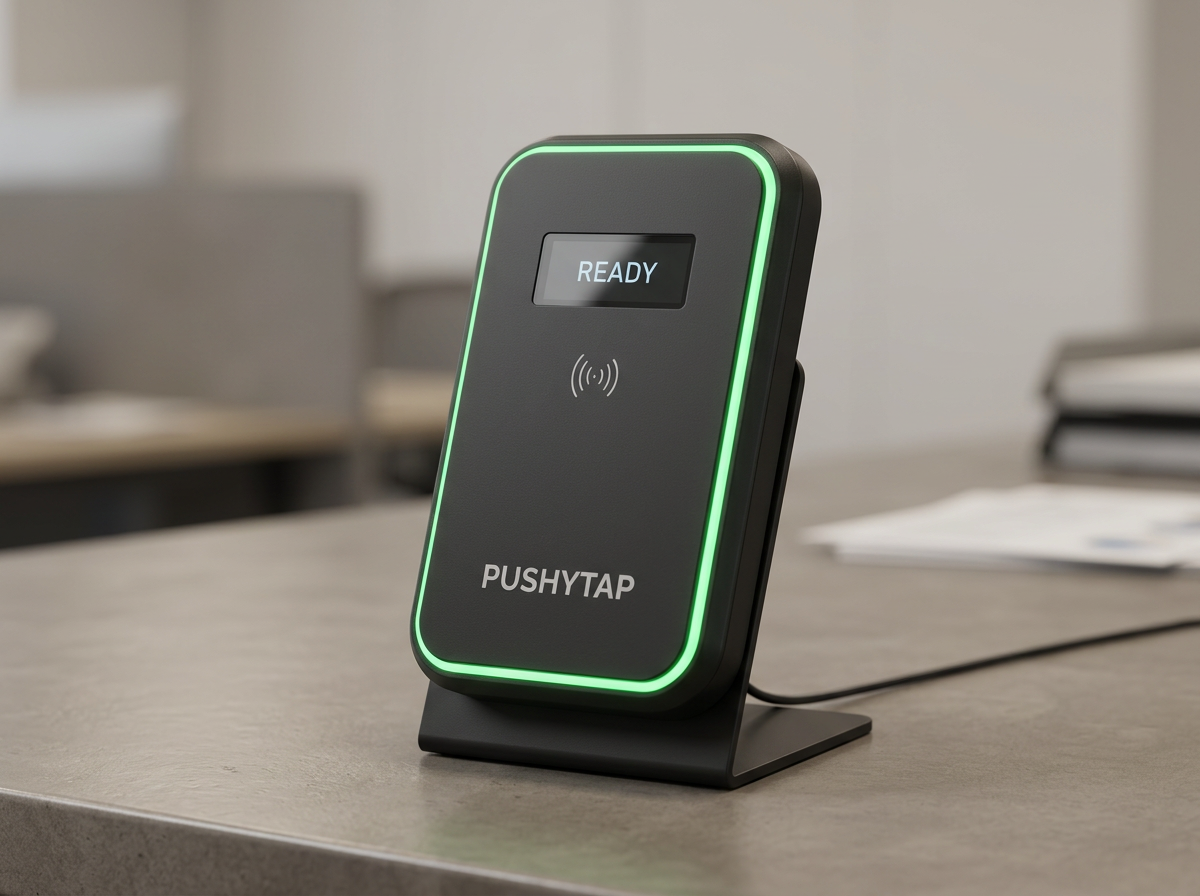 Table-mounted Pushytap RFID-BLE Gateway on a desktop stand with the same green perimeter LED and badge reader