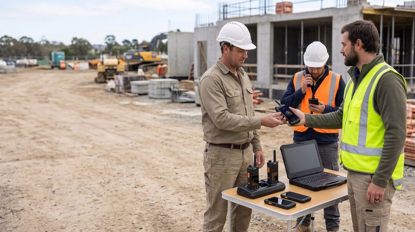 Construction crew testing dedicated PoC radios during on-site onboarding