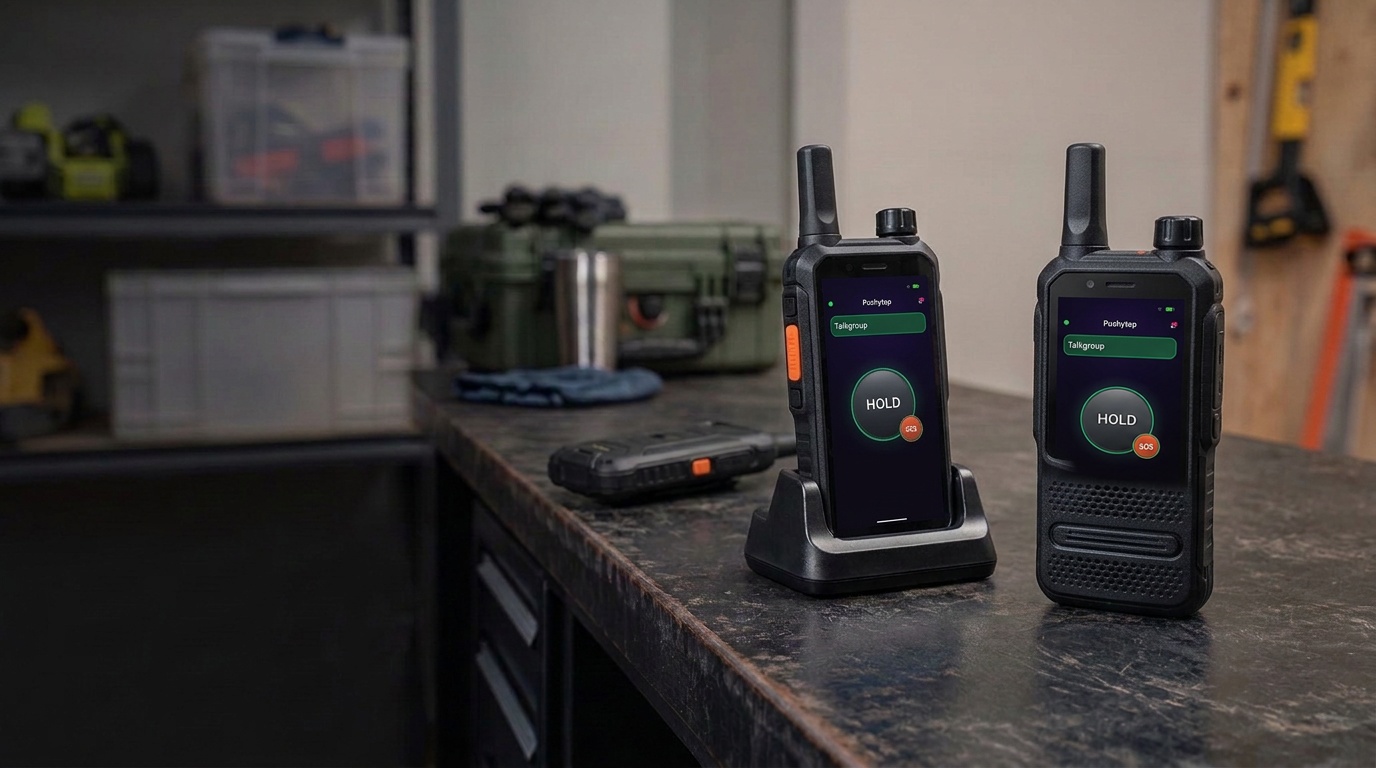 Dedicated PoC radios on a preparation bench with side push-to-talk keys and illustrative Pushytap-style displays