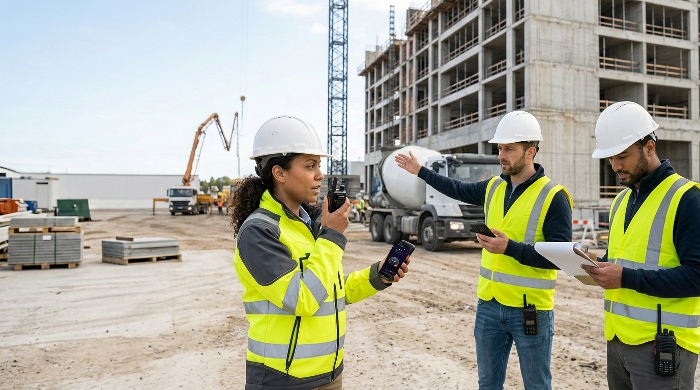 Construction crew using PoC radios to coordinate a concrete delivery