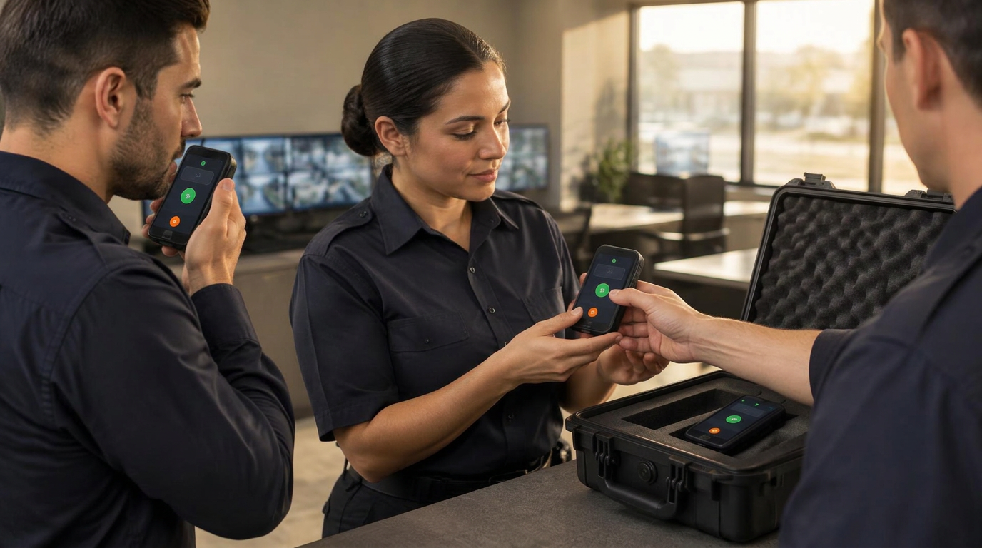Security guards receiving and testing ready-to-use PoC radios before a shift