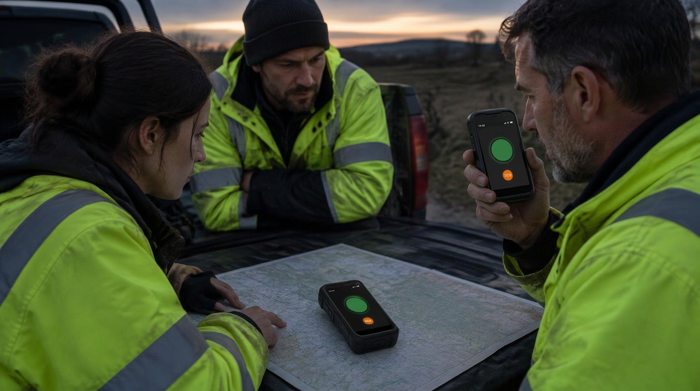 Field patrol using a dedicated PoC radio while colleagues mark a route on a paper map