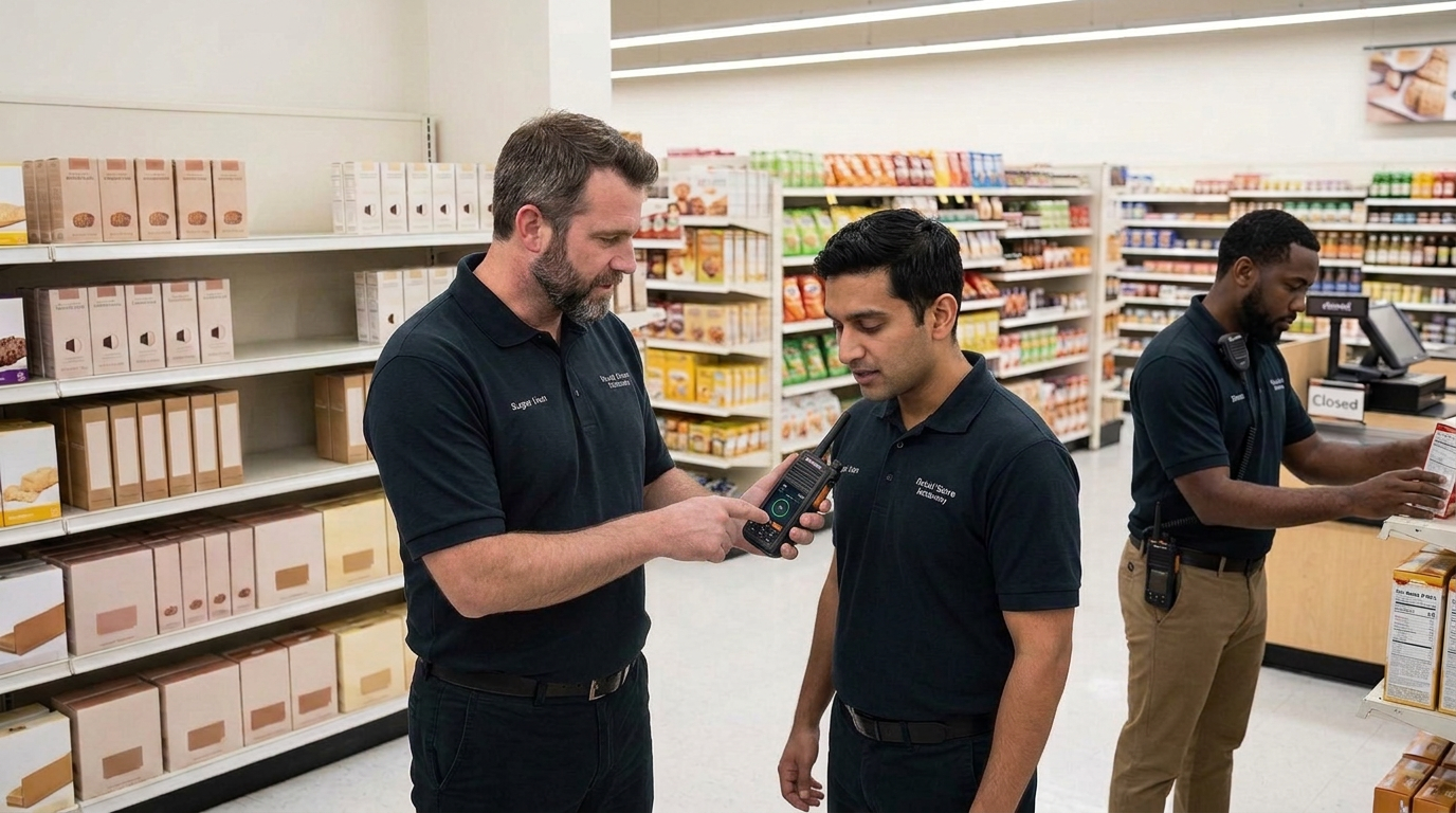 Retail supervisor demonstrating a PoC radio while colleagues work on the shop floor