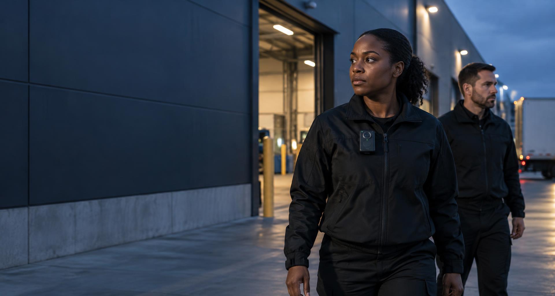 Security patrol wearing a chest-mounted body camera outside a logistics facility